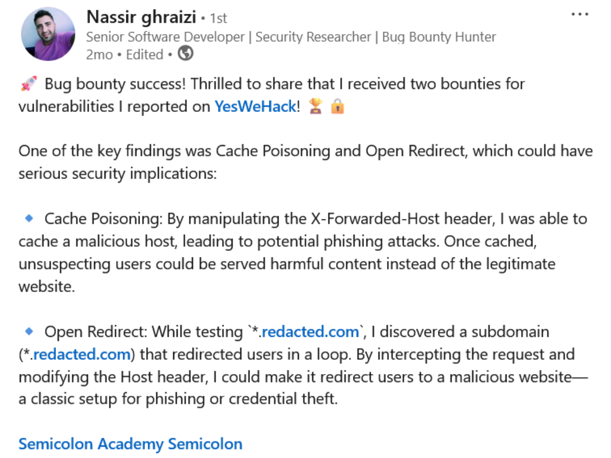 Bug bounty result from Nassir Ghraizi